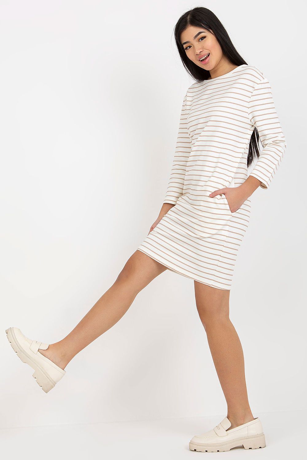  “Beige-2 Stripes & Ease Pocket Dress, side view”