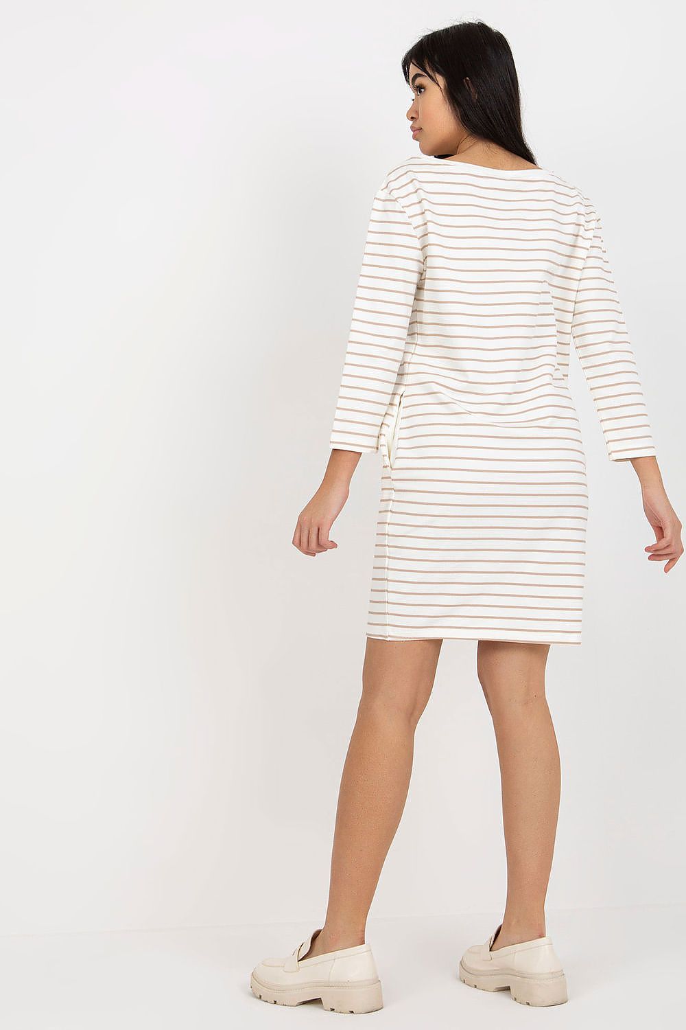 “Beige-2 Stripes & Ease Pocket Dress, back view”
