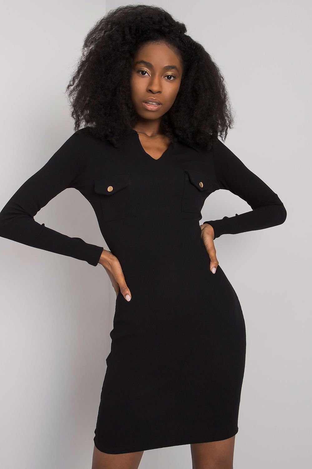“Black Ribbed Elegance Bodycon Dress, front view”