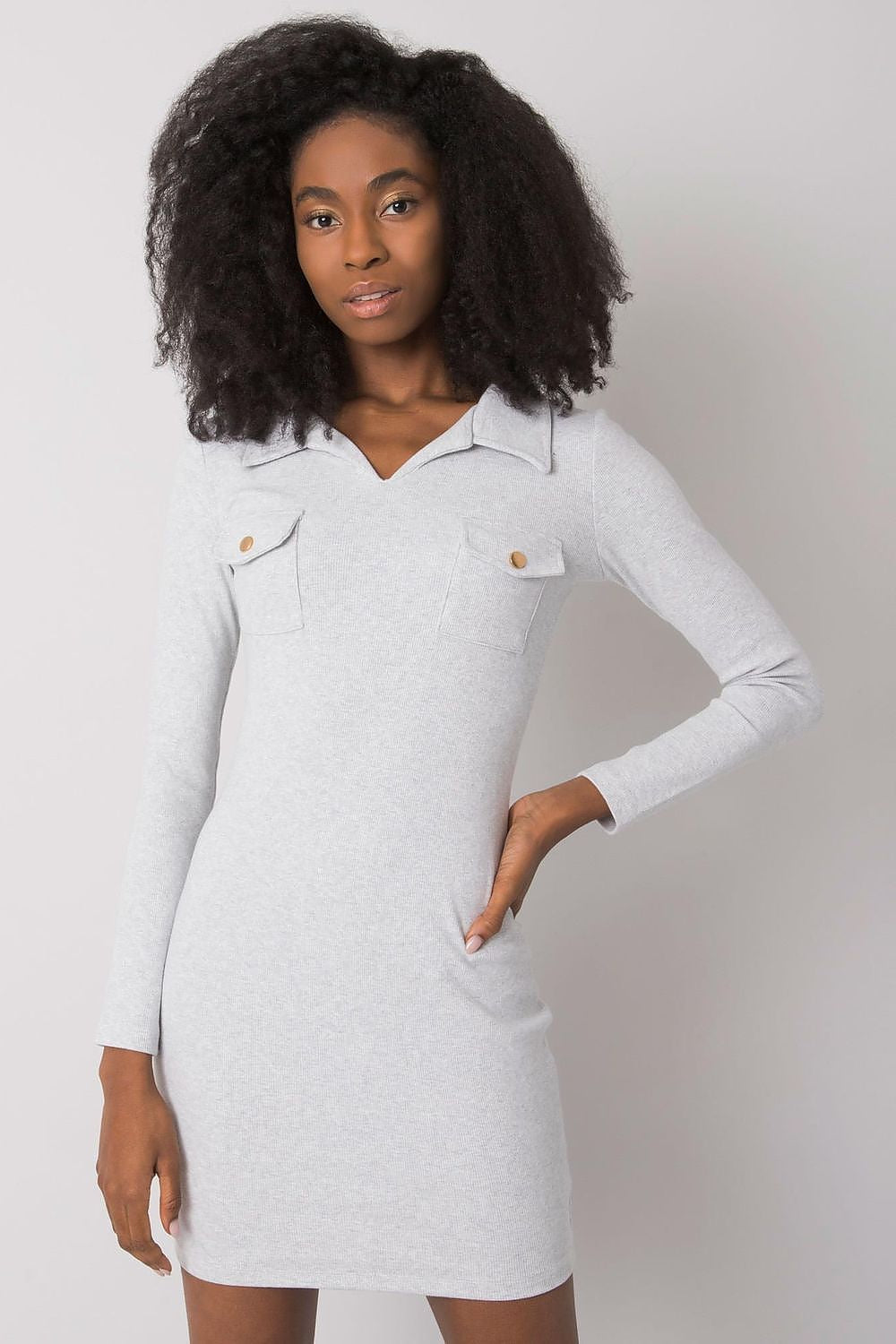 “Grey Ribbed Elegance Bodycon Dress, front view”