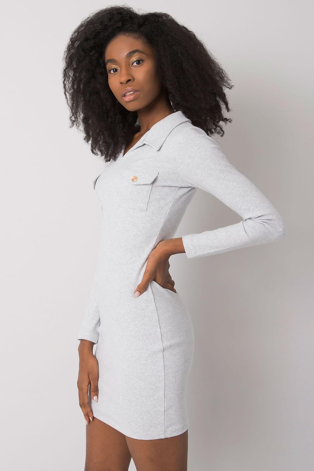 “Grey Ribbed Elegance Bodycon Dress, side view”