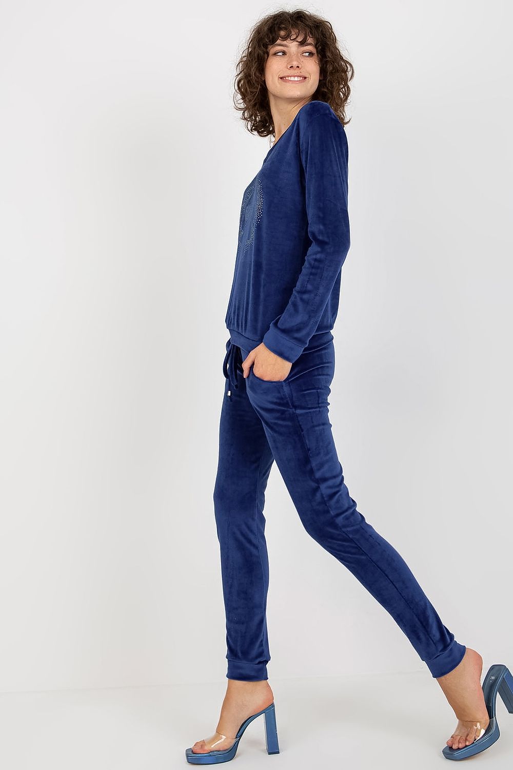  Blue velour two-piece set with heart neckline blouse and tie waist pants, front view