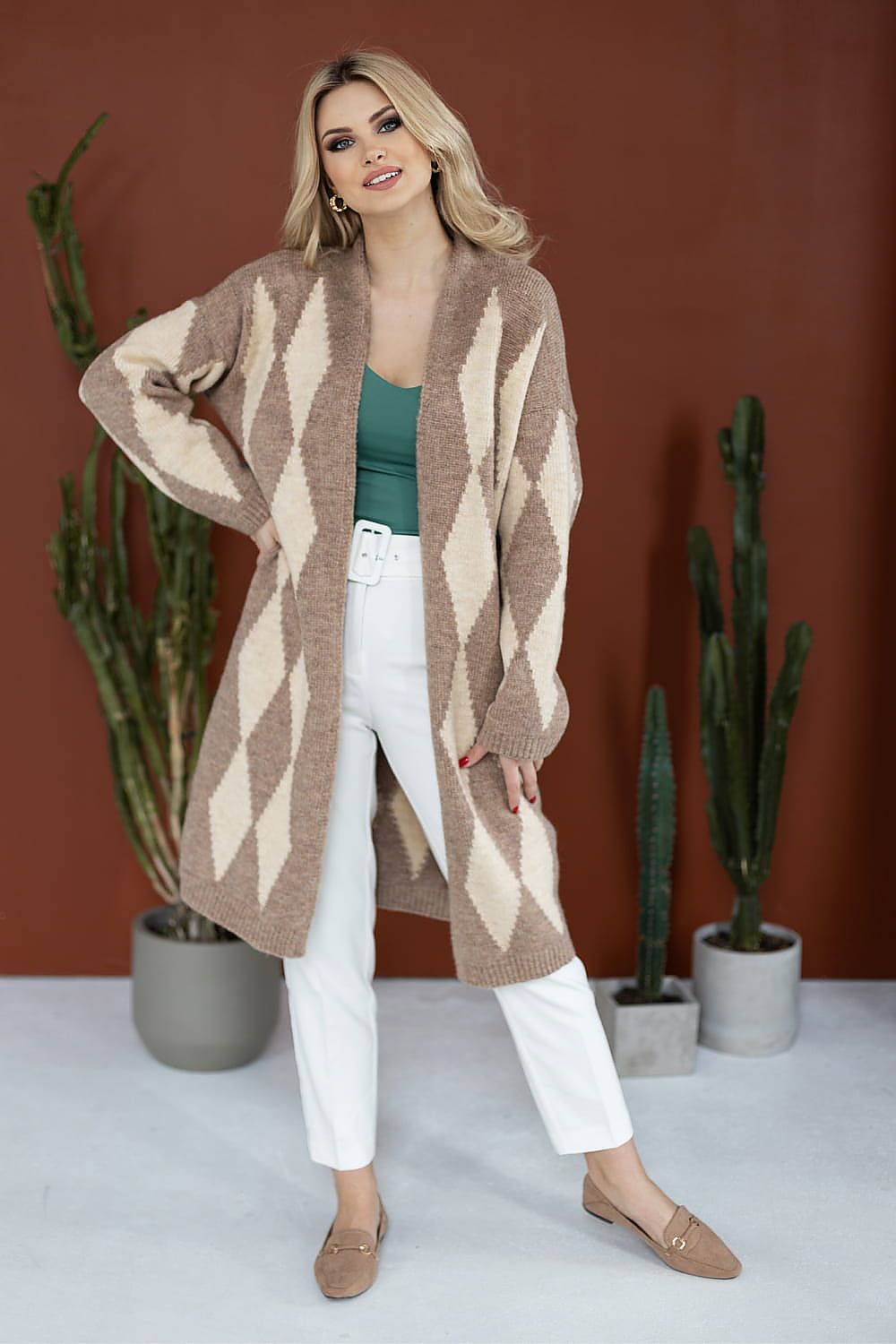  multi geometric pattern loose-fit cardigan for women-beige