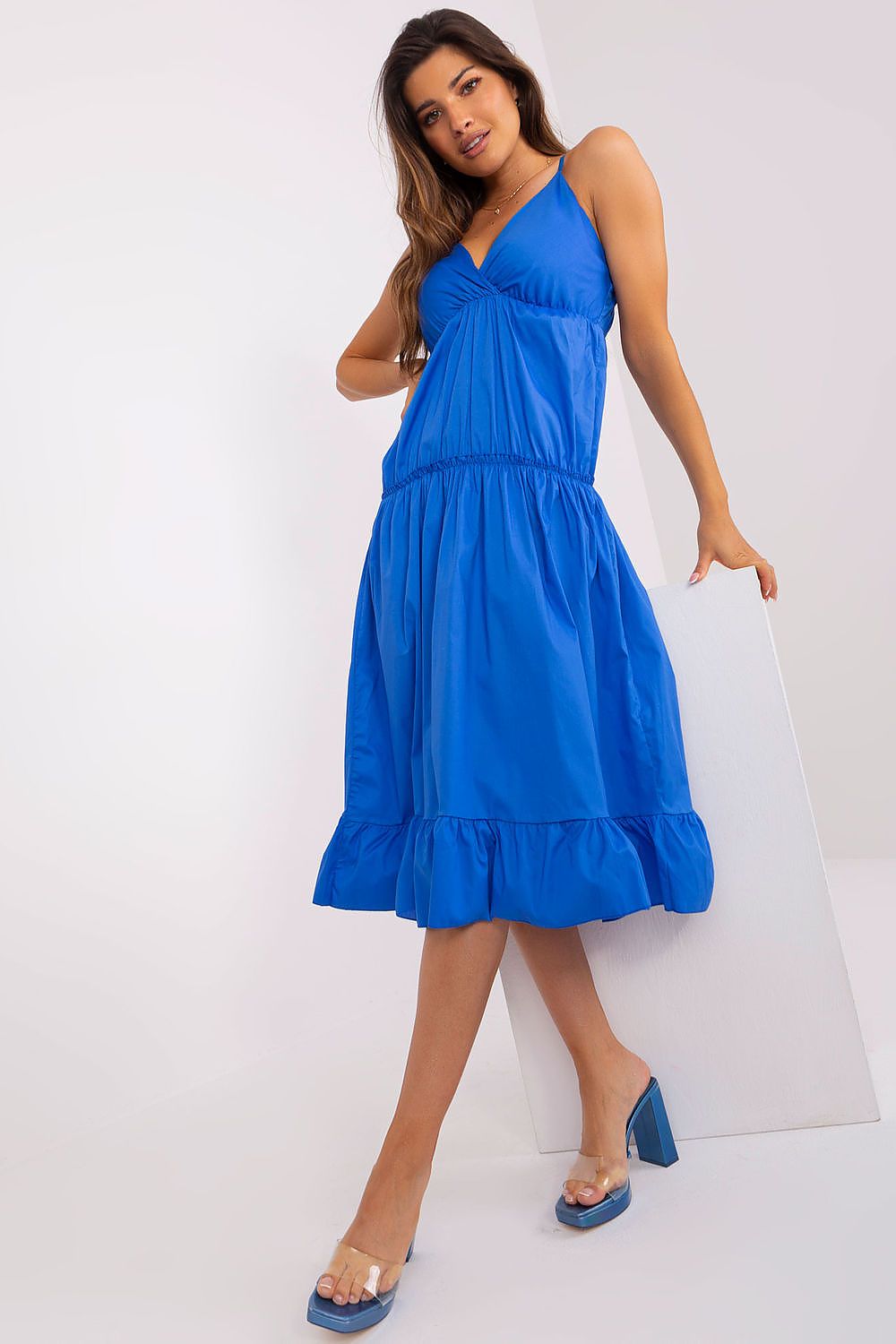  Blue ruffle hem slip dress envelope neckline front view