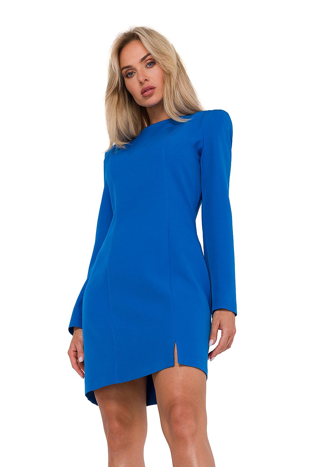 Woman wearing a blue dress on a white background