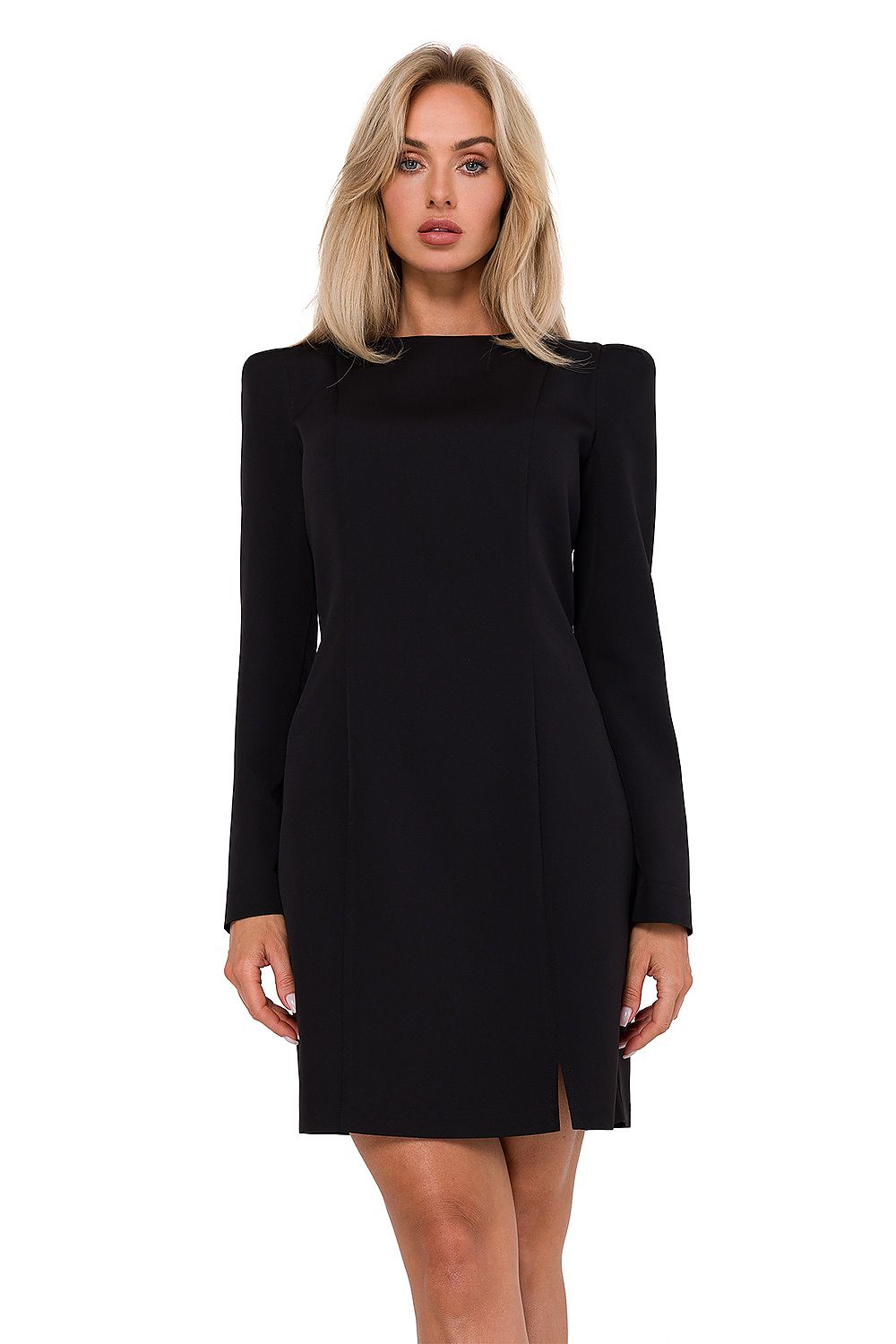 black structured shoulder sculpted mini dress 