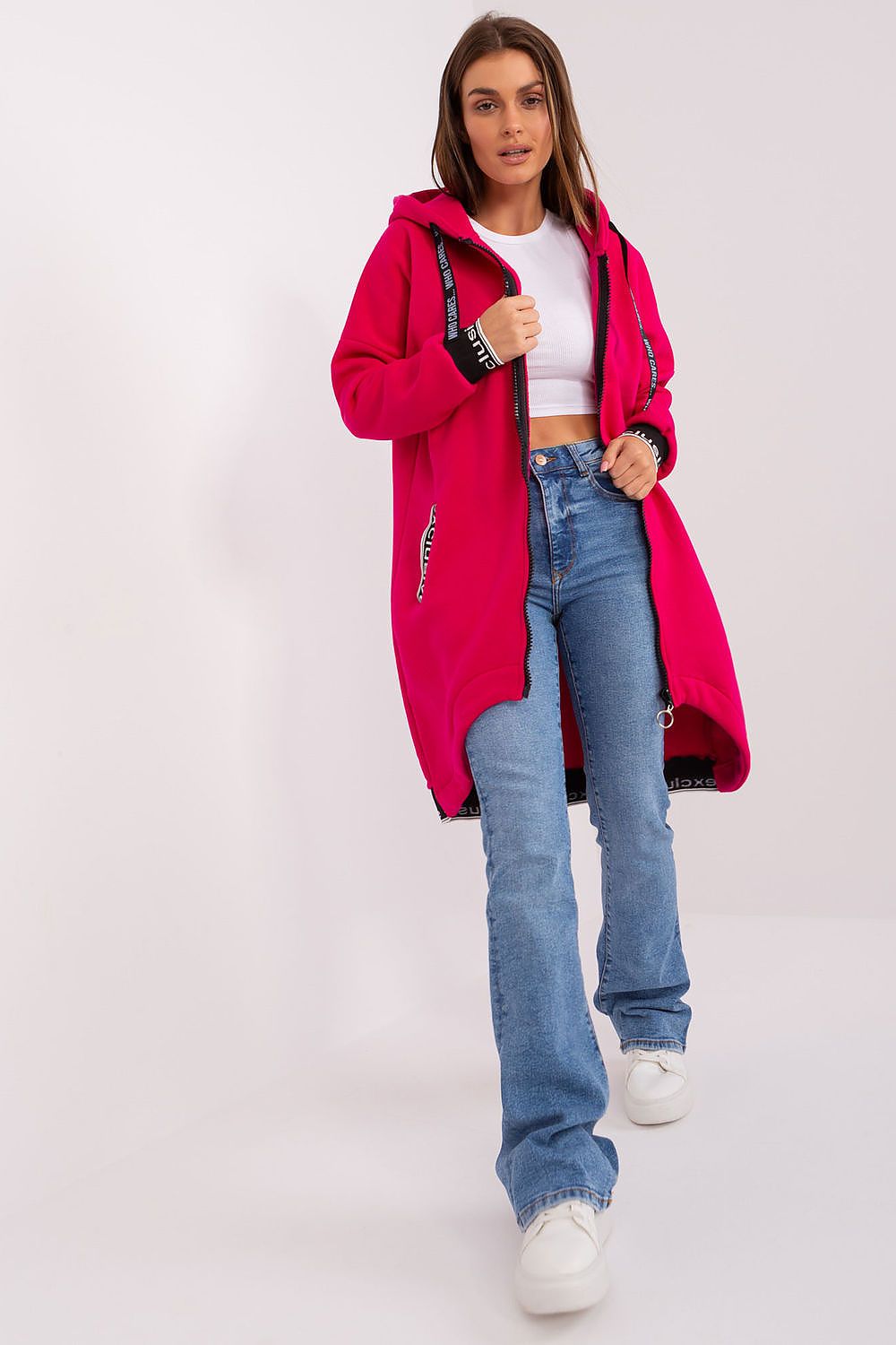  Pink extended soft cotton sweatshirt with hood, full-length zipper, and casual sporty design.