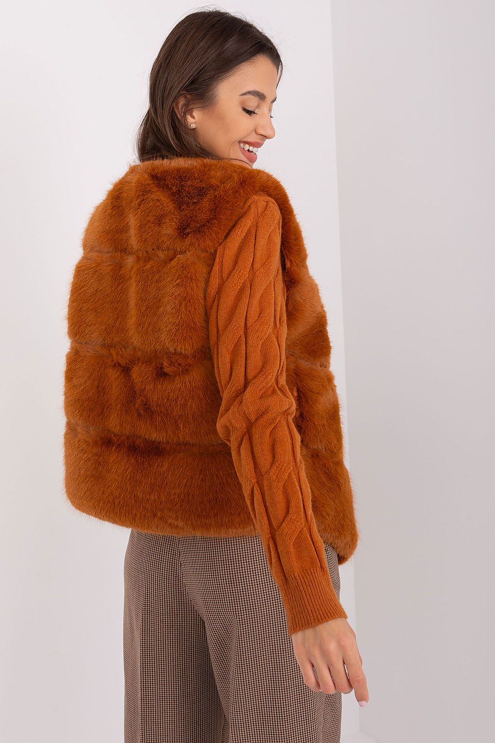 Women's brown faux fur gilet with practical pockets