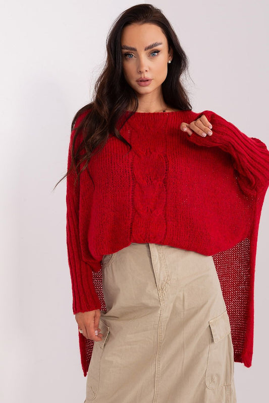 Woman wearing a red sweater with a white background