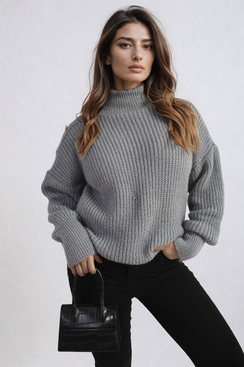 Buttons Long Sleeves Chunky Knit Top