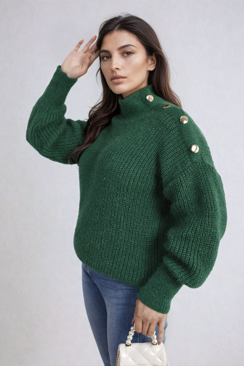 Buttons Long Sleeves Chunky Knit Top