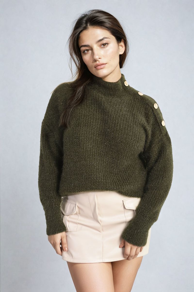 Buttons Long Sleeves Chunky Knit Top