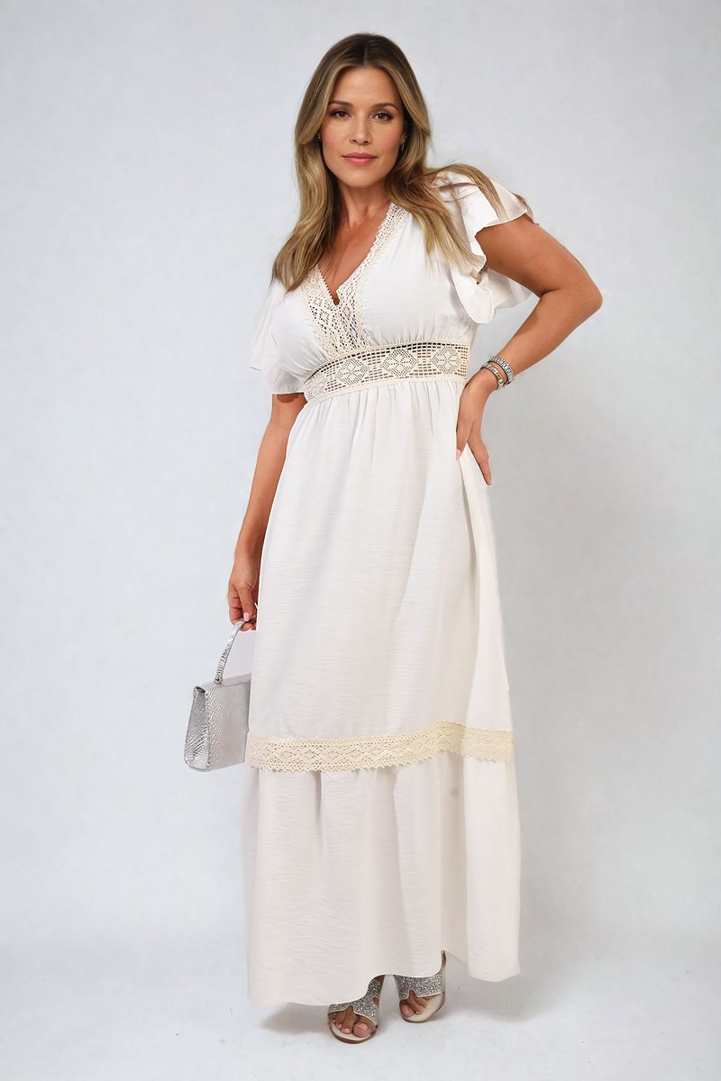 V-neck Lace Trim Maxi Dress