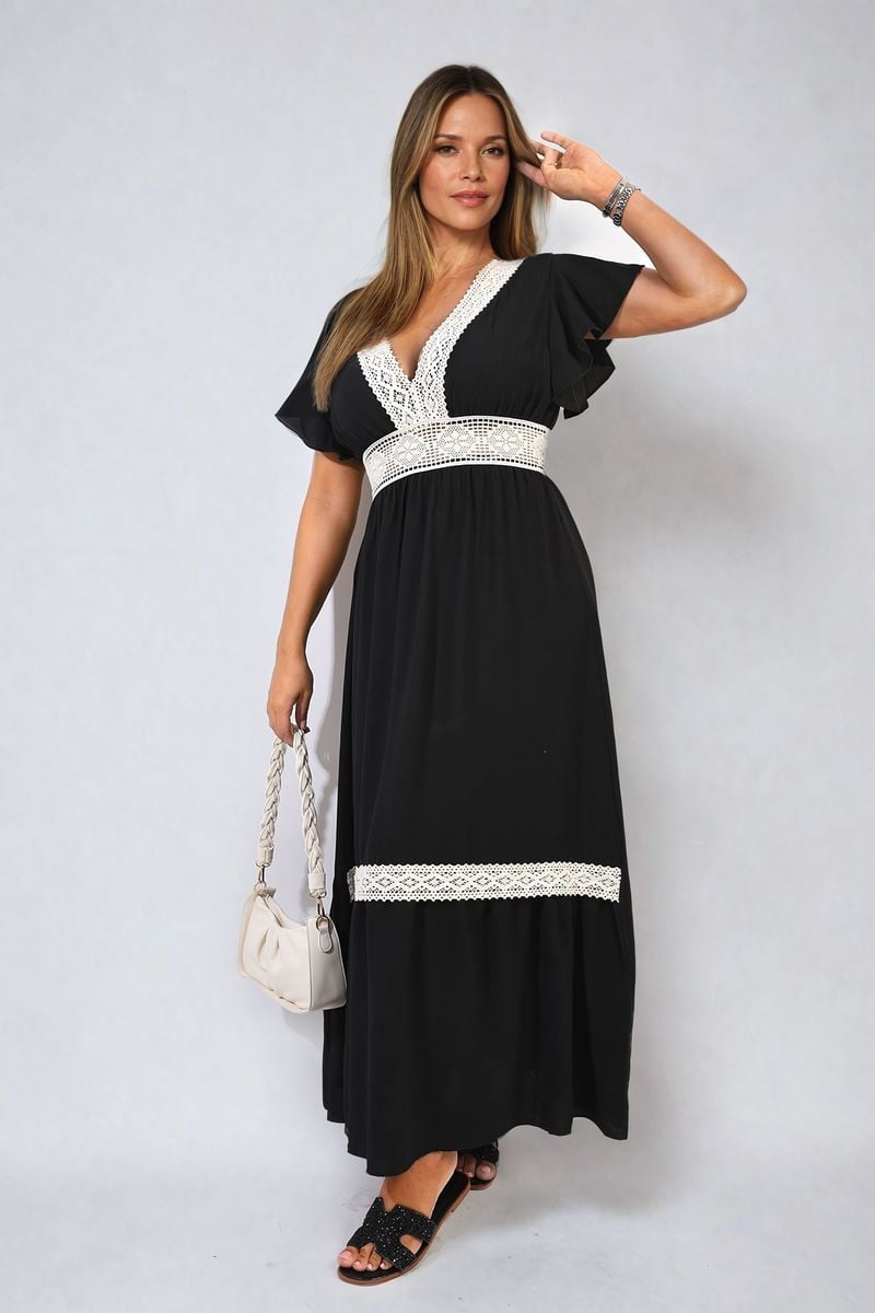 V-neck Lace Trim Maxi Dress