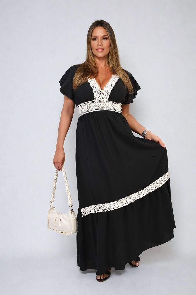 V-neck Lace Trim Maxi Dress