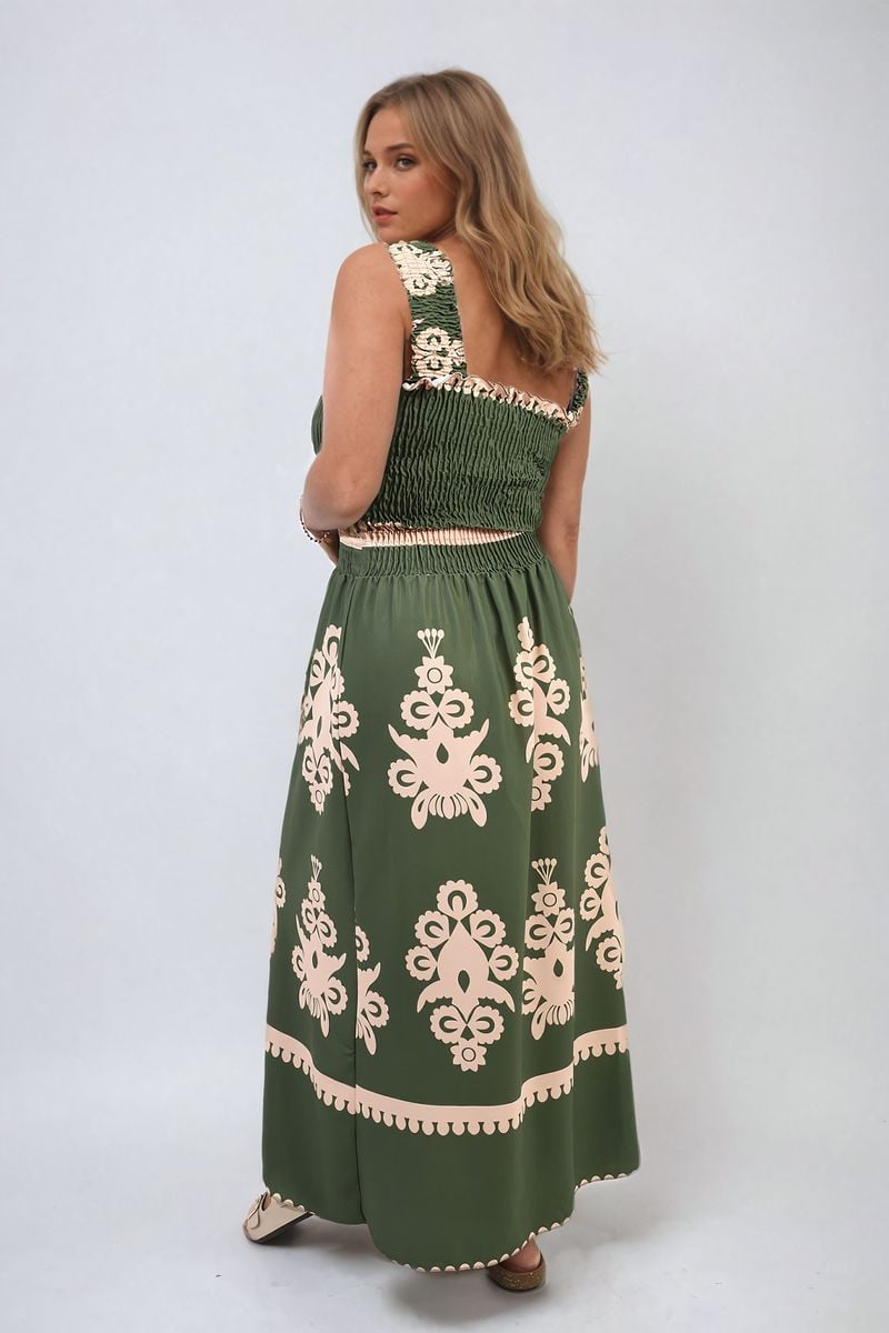 Smocked Sleeveless Flowy Tribal Print Summer Maxi Dress