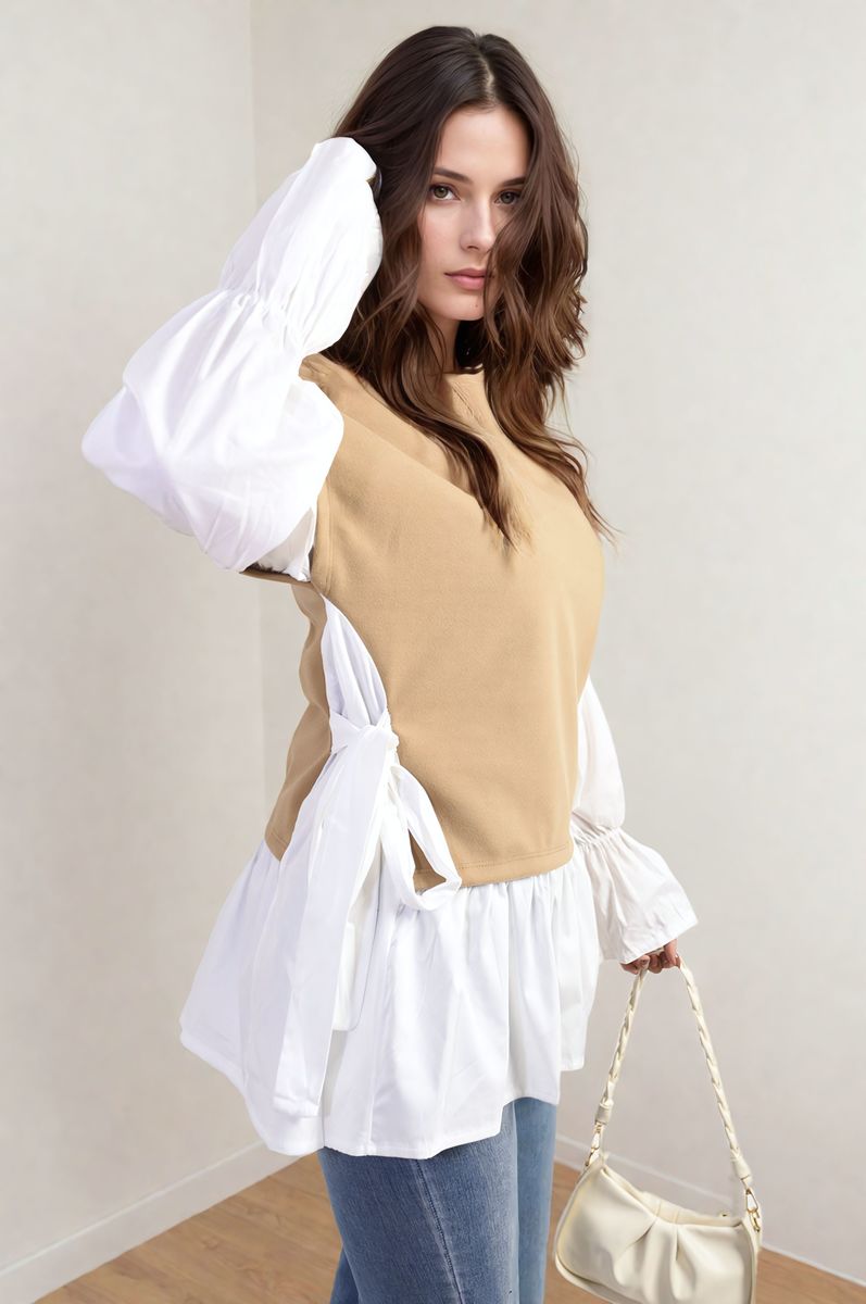 Side Tie Contrast Long Sleeve Knit Frill Top