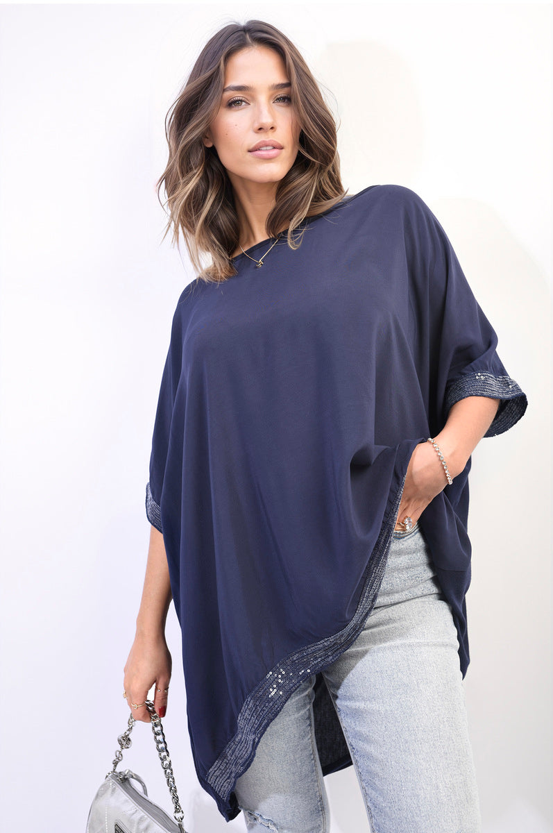 Oversized Sequin Hem Flare Sleeve Top