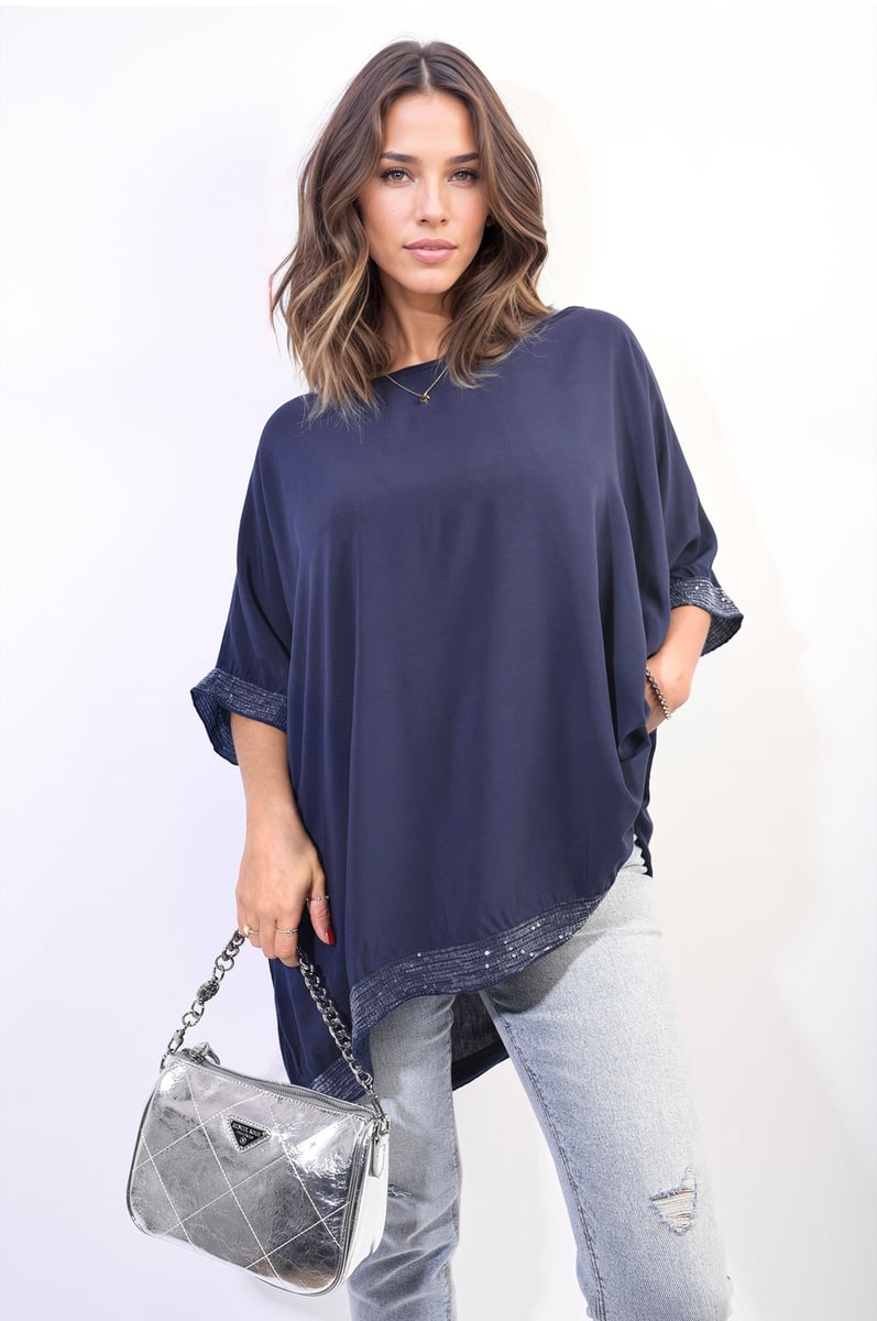 Oversized Sequin Hem Flare Sleeve Top