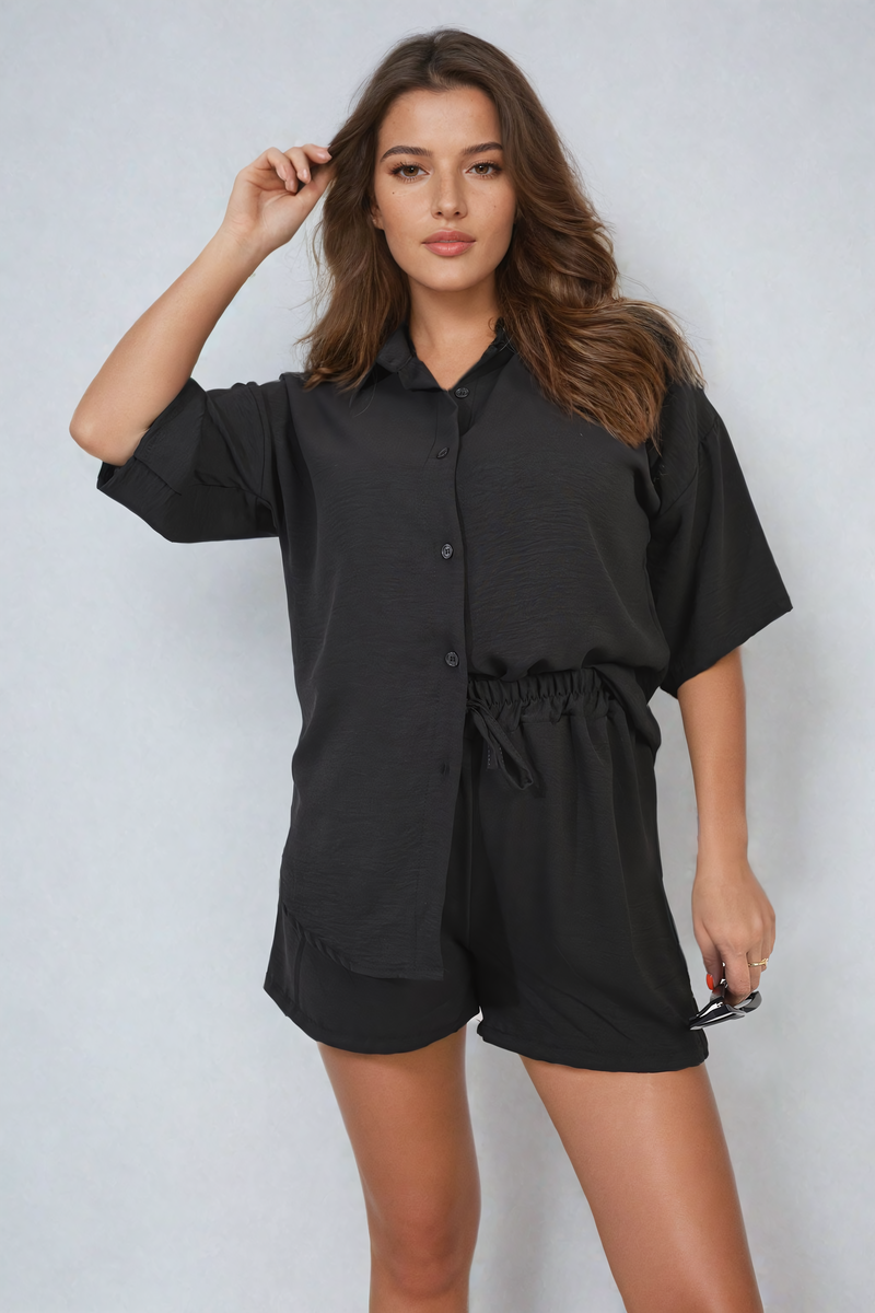 Short Sleeve Buttons Top & Lace Up Shorts Co-ord Set