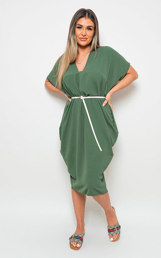 V-Neck Half-Sleeve Midi Dress