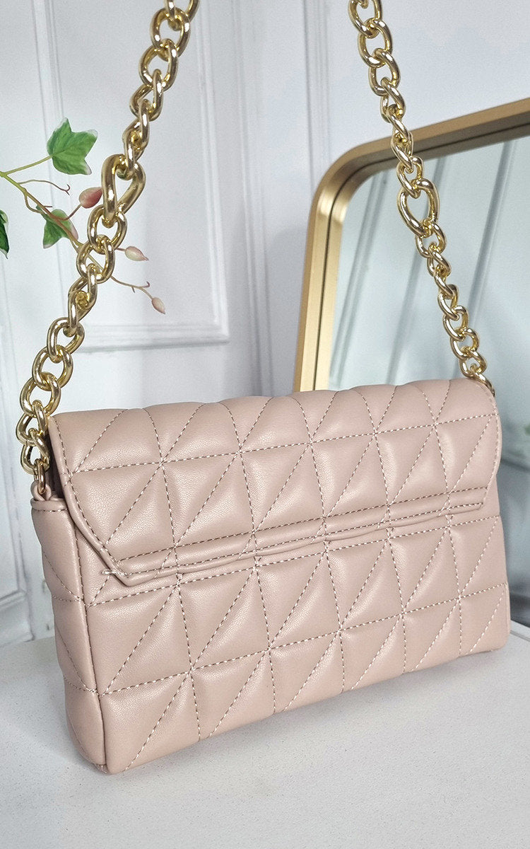 Faux Leather Padded Handbag with Chain Detail