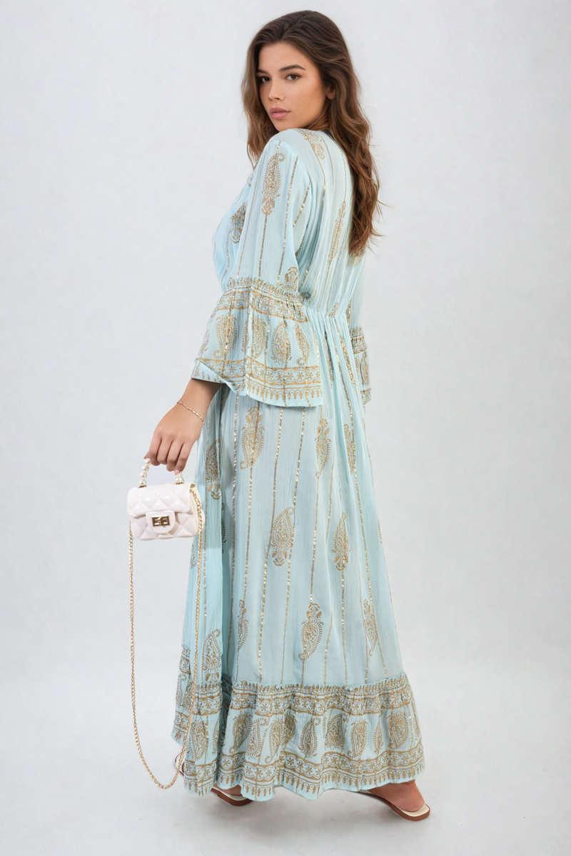 Embellished Boho Flounce Sleeve Maxi Dress