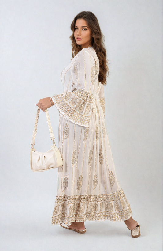 Embellished Boho Flounce Sleeve Maxi Dress