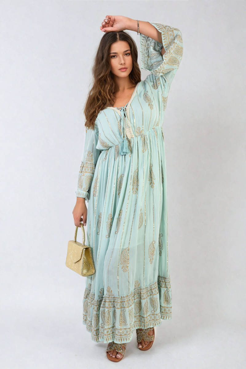 Embellished Boho Flounce Sleeve Maxi Dress