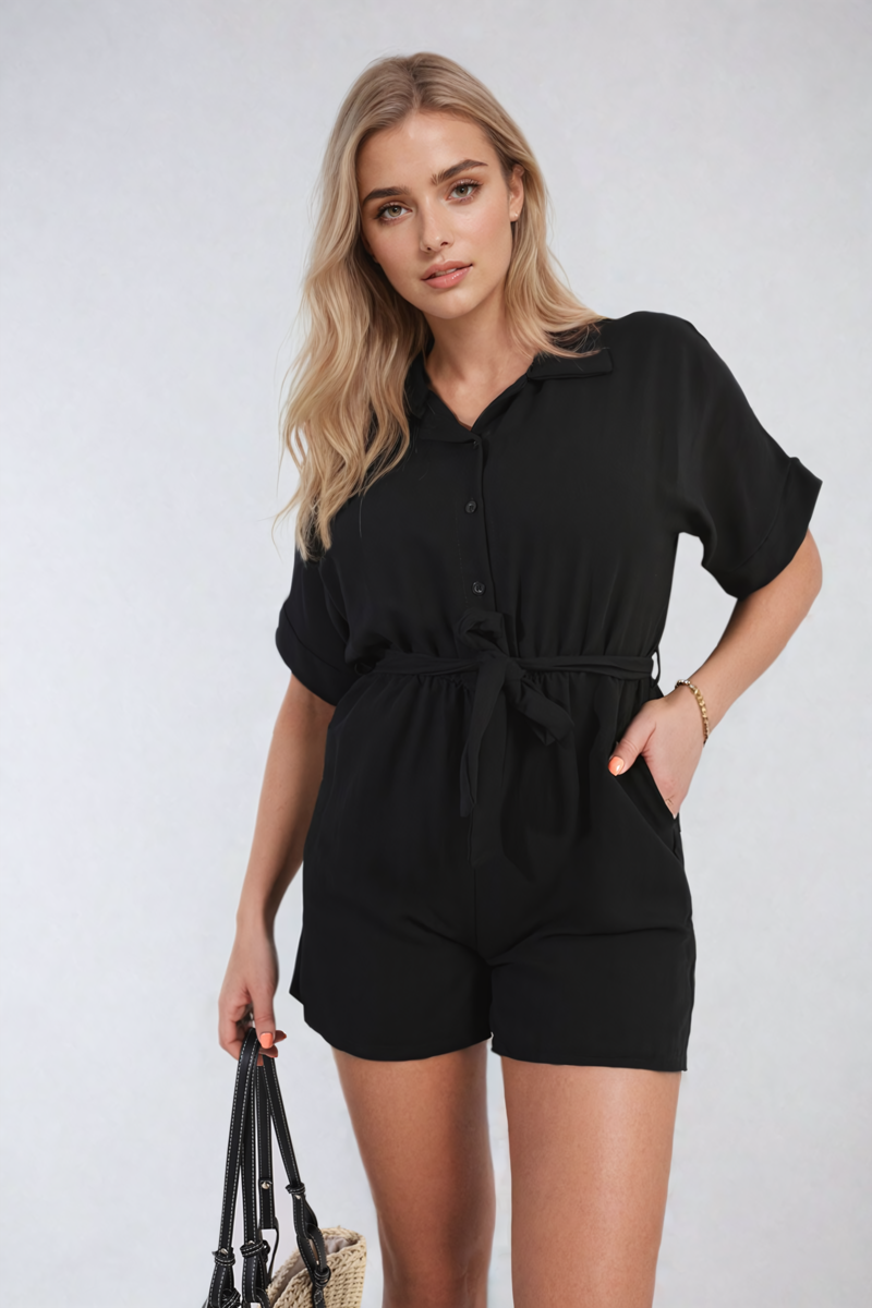 Buttoned Tie Waist Romper