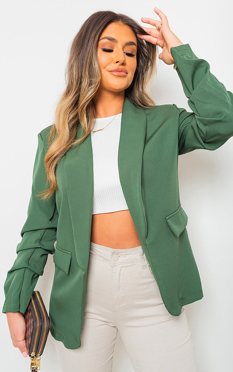 Ruched Sleeve Blazer With Side Pockets