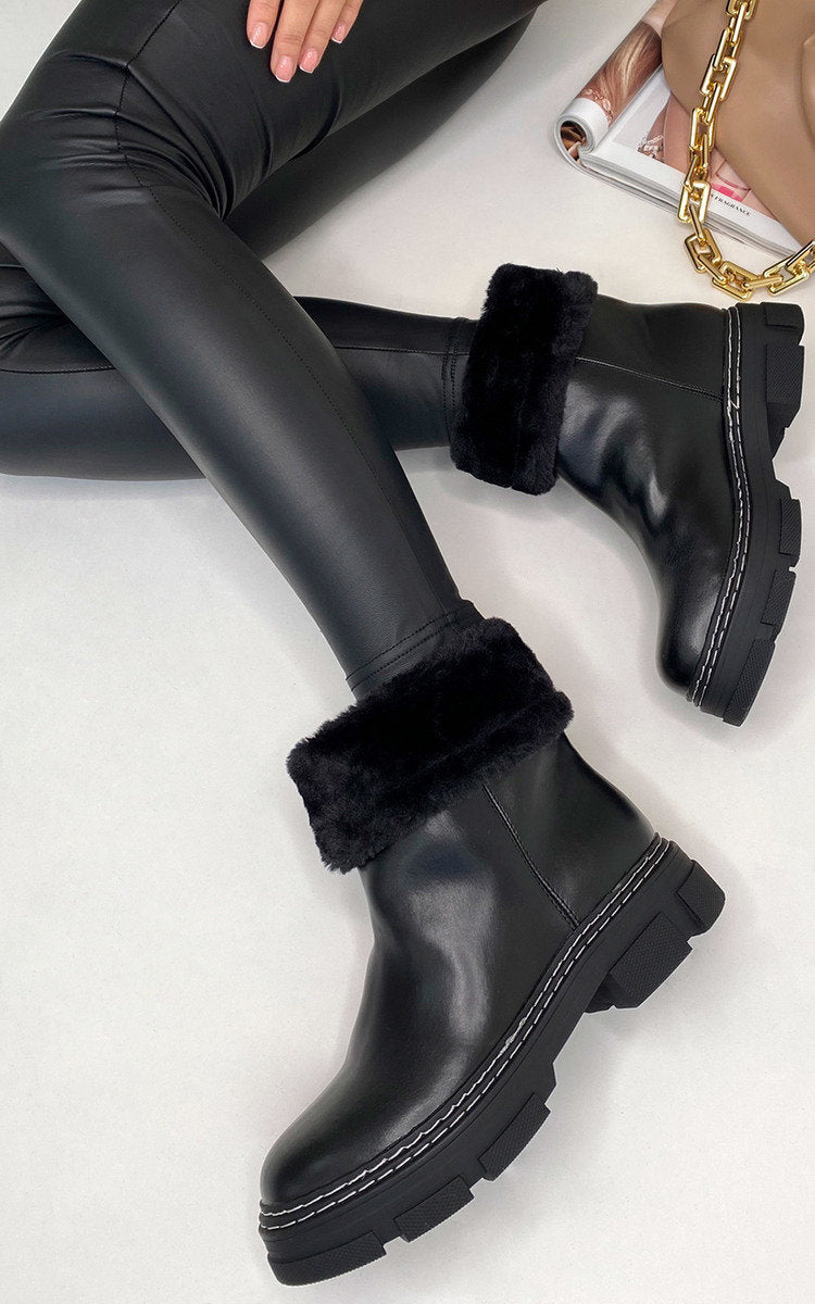 Faux Leather Fluffy Ankle Boots