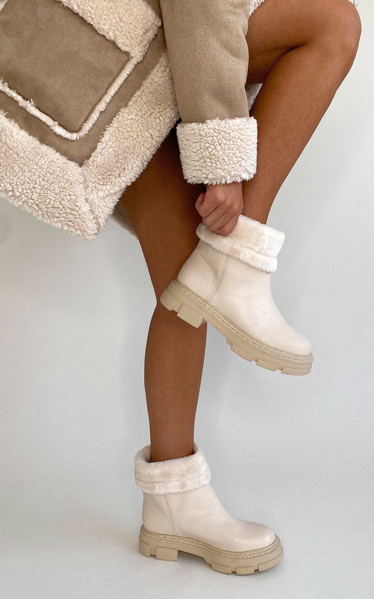 Faux Leather Fluffy Ankle Boots