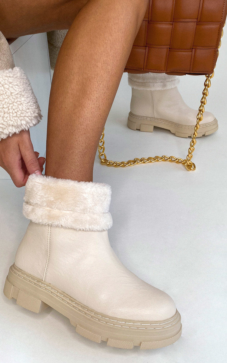 Faux Leather Fluffy Ankle Boots