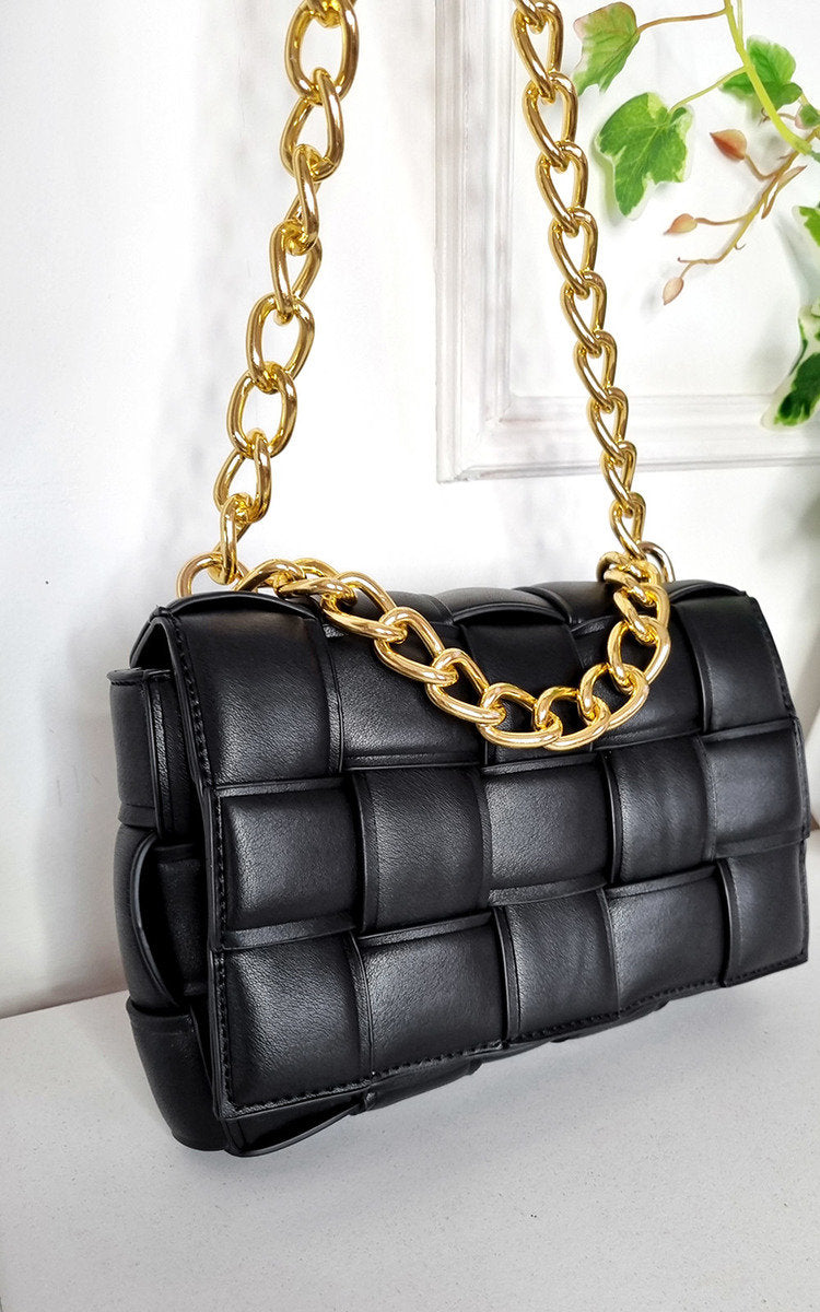 Faux Leather Woven Bag with Chain Strap