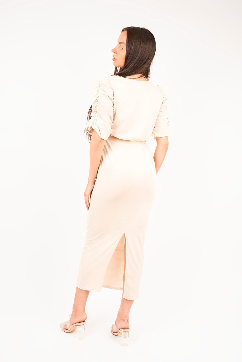 “Beige ruched short sleeve maxi dress with draped bodice, back view”