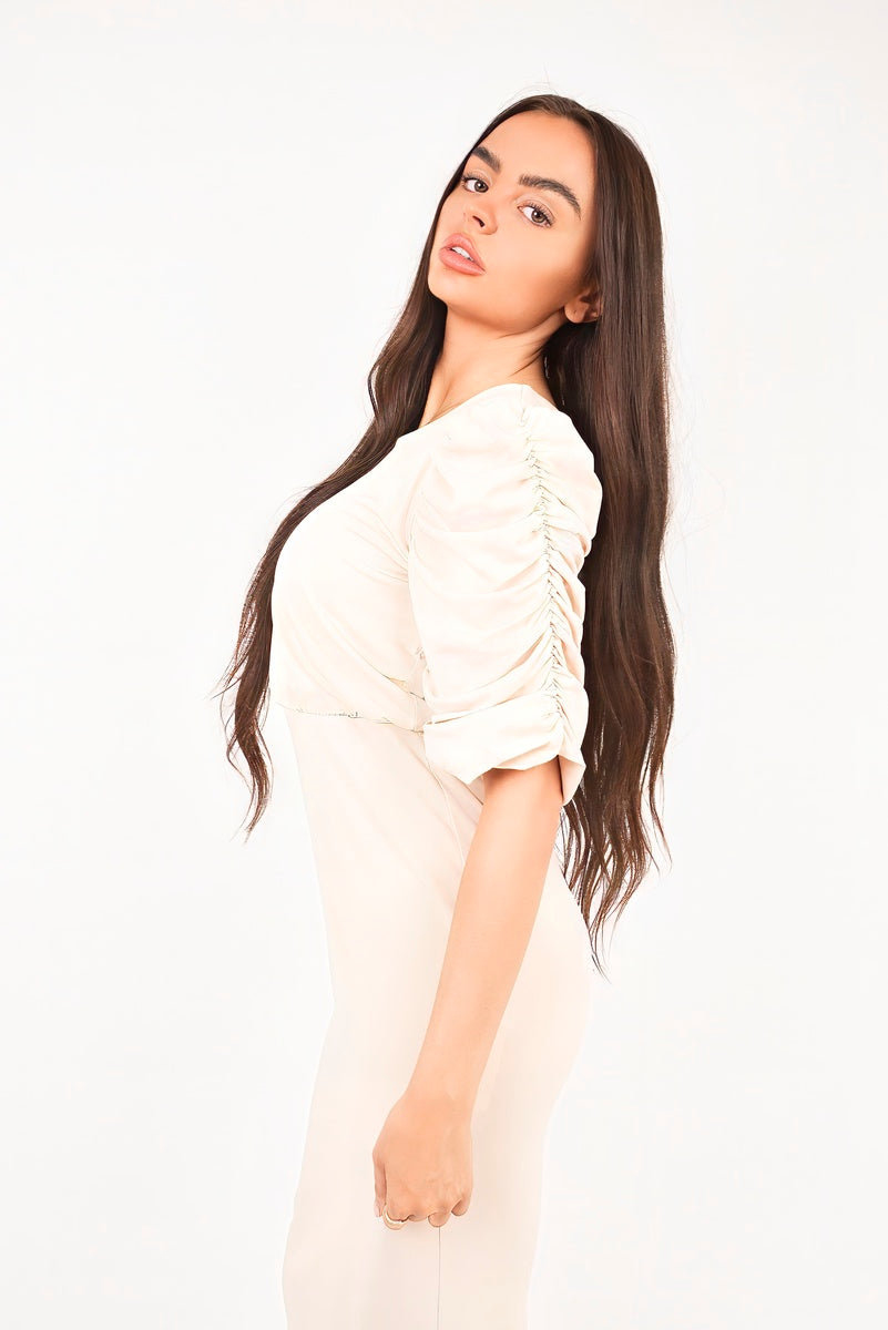 “Beige ruched short sleeve maxi dress with draped bodice, detail view”