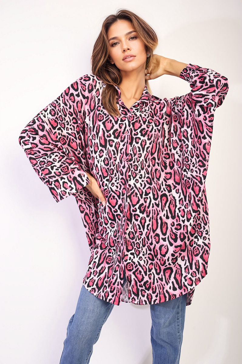 Oversized Long Sleeve Leopard Print Shirt Dress