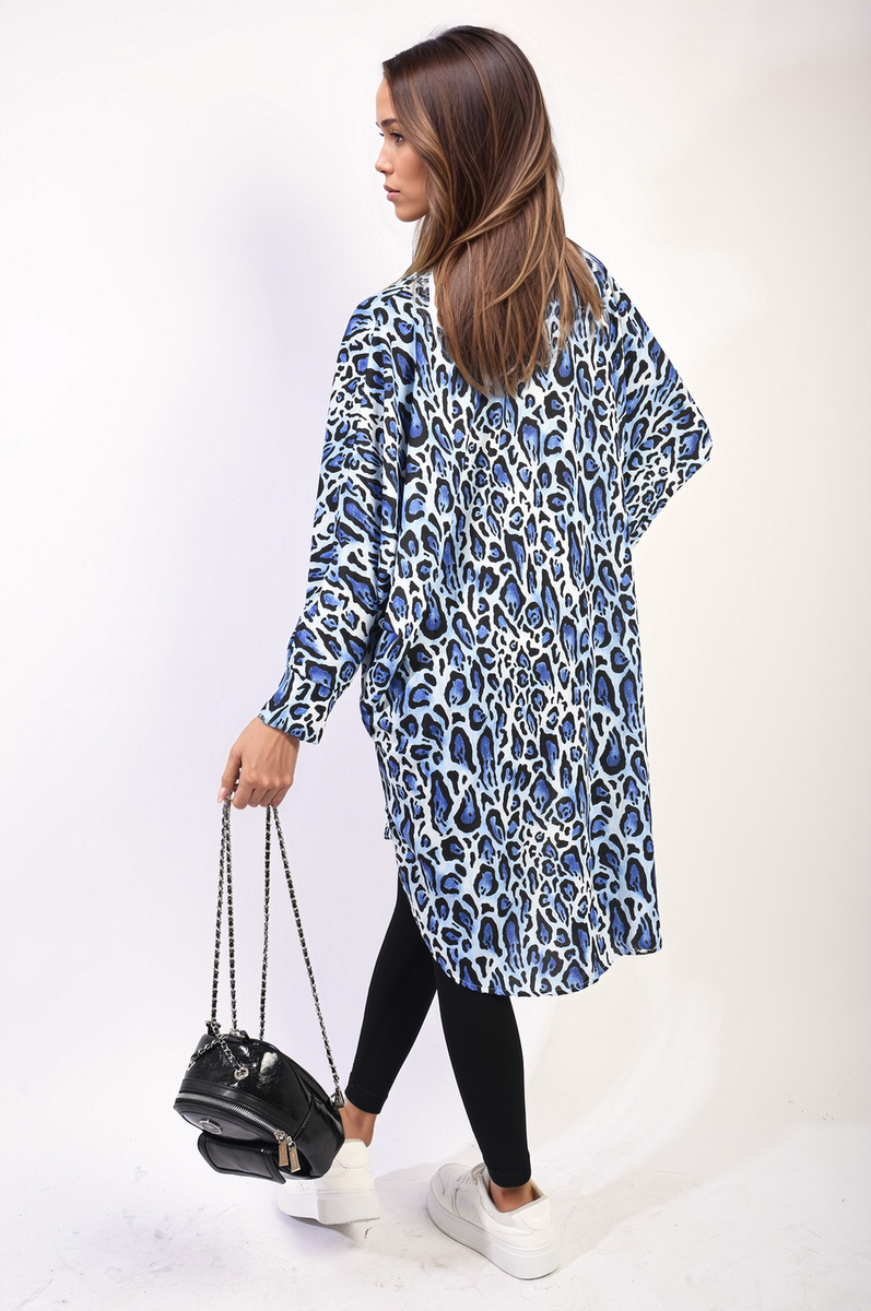 Oversized Long Sleeve Leopard Print Shirt Dress