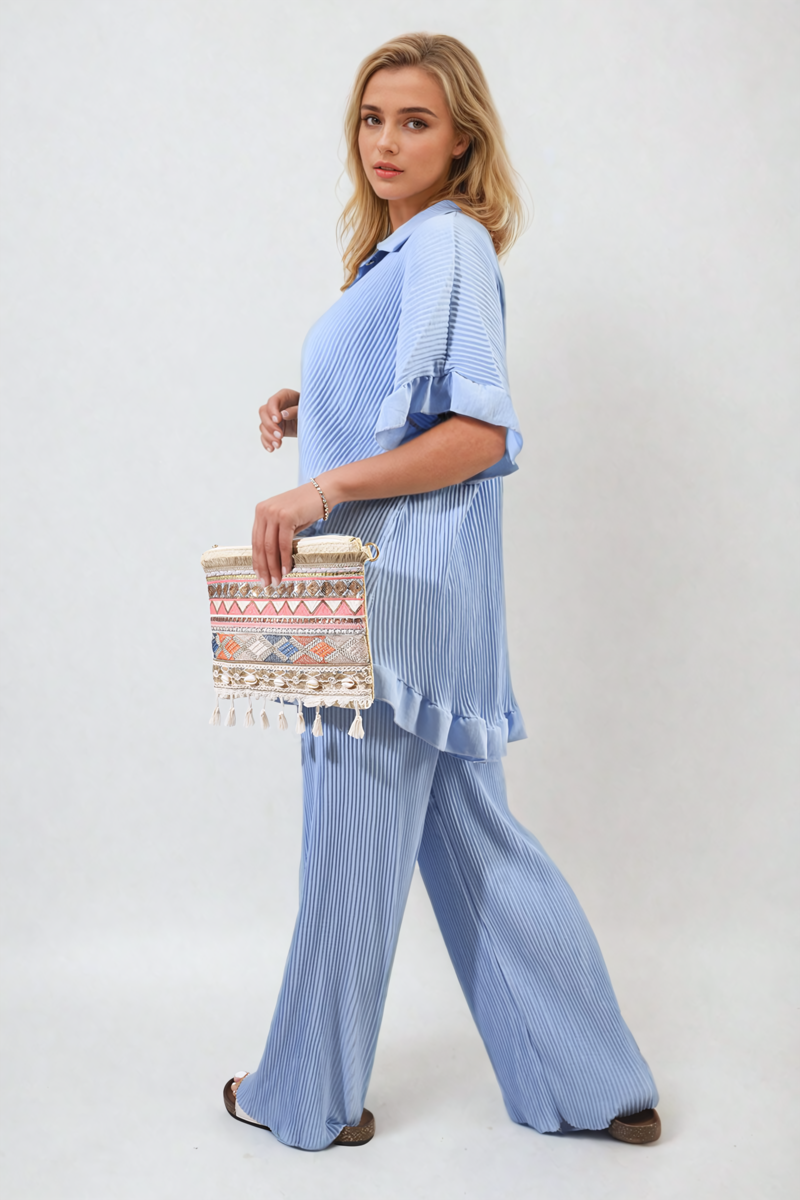 Button Pleated Frill Ruffle Top and Wide Leg Trouser Co-ord Set