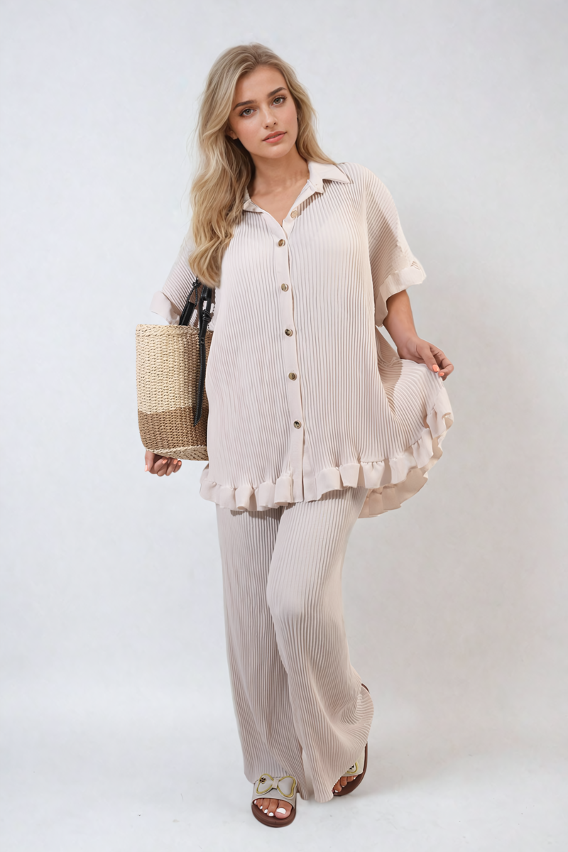 Button Pleated Frill Ruffle Top and Wide Leg Trouser Co-ord Set