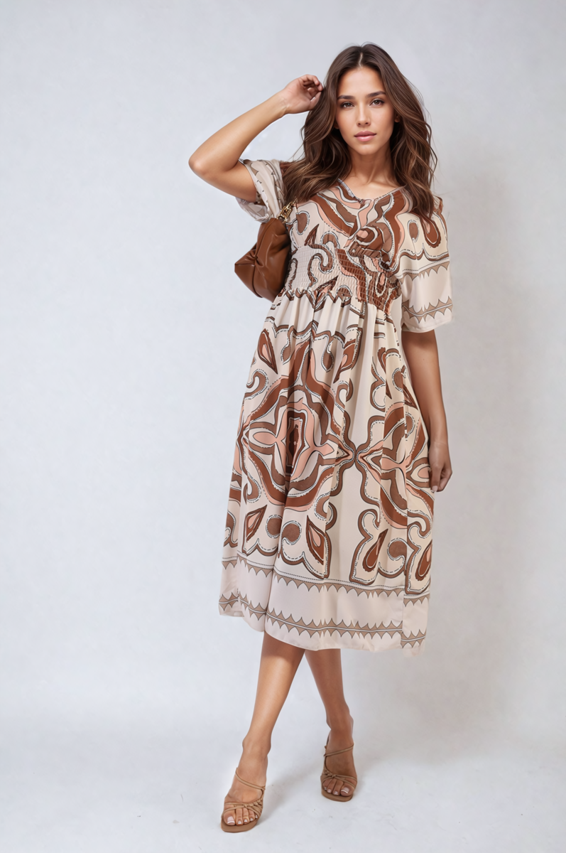 Ruched Printed V-Neck Short Sleeve Midi Dress