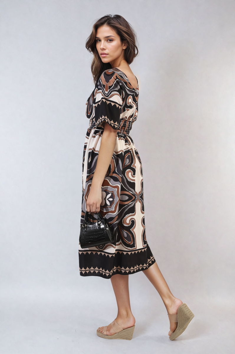 Ruched Printed V-Neck Short Sleeve Midi Dress