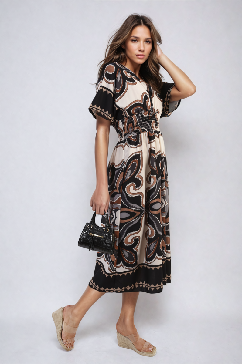 Ruched Printed V-Neck Short Sleeve Midi Dress