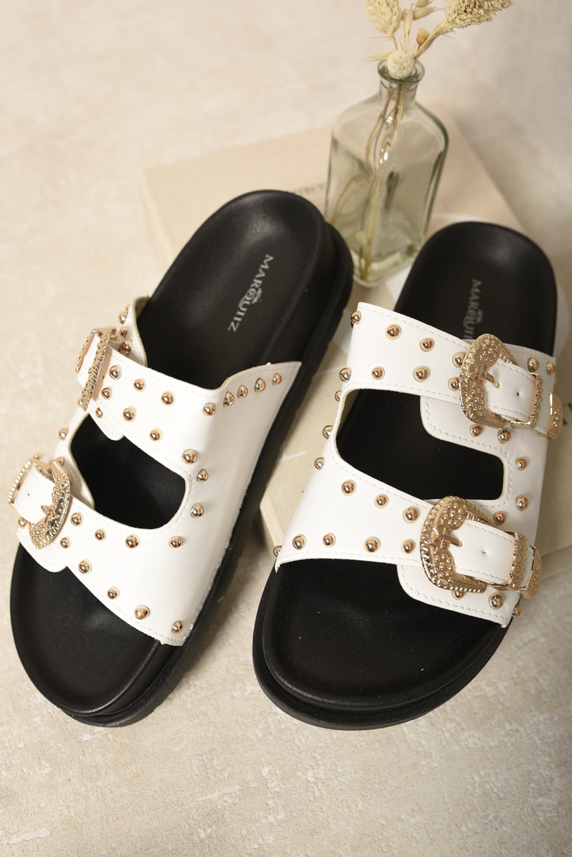 Double Strap Buckle Studded Sandals