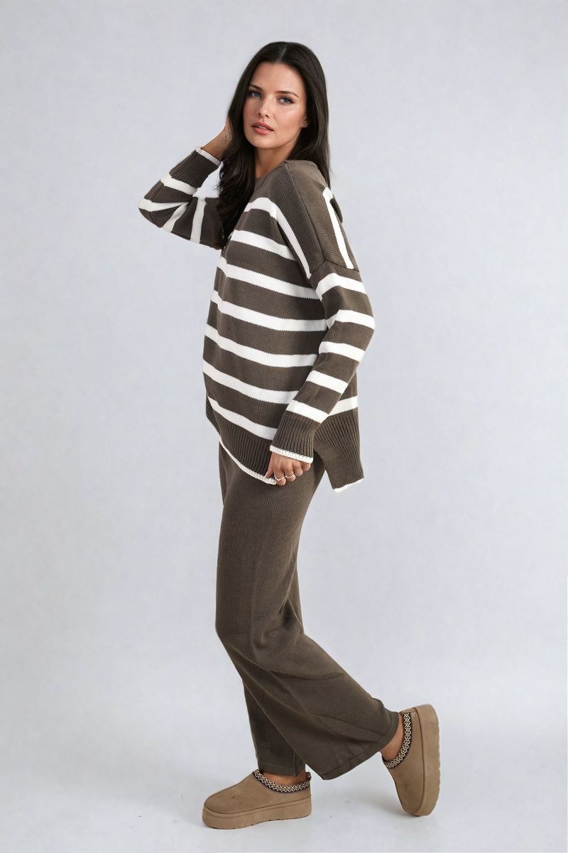 Knitted Striped Long Sleeve Top and  Pants Co-ord Set