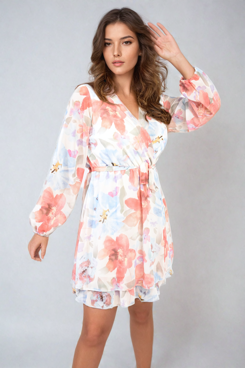 Floral Tie Front Tiered Mini Dress