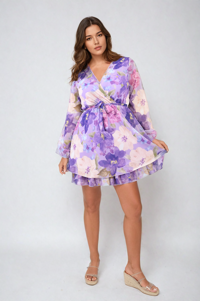 Floral Tie Front Tiered Mini Dress