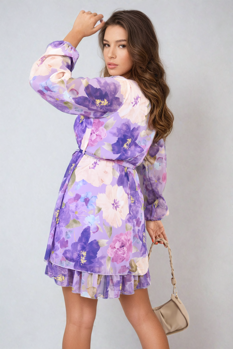 Floral Tie Front Tiered Mini Dress