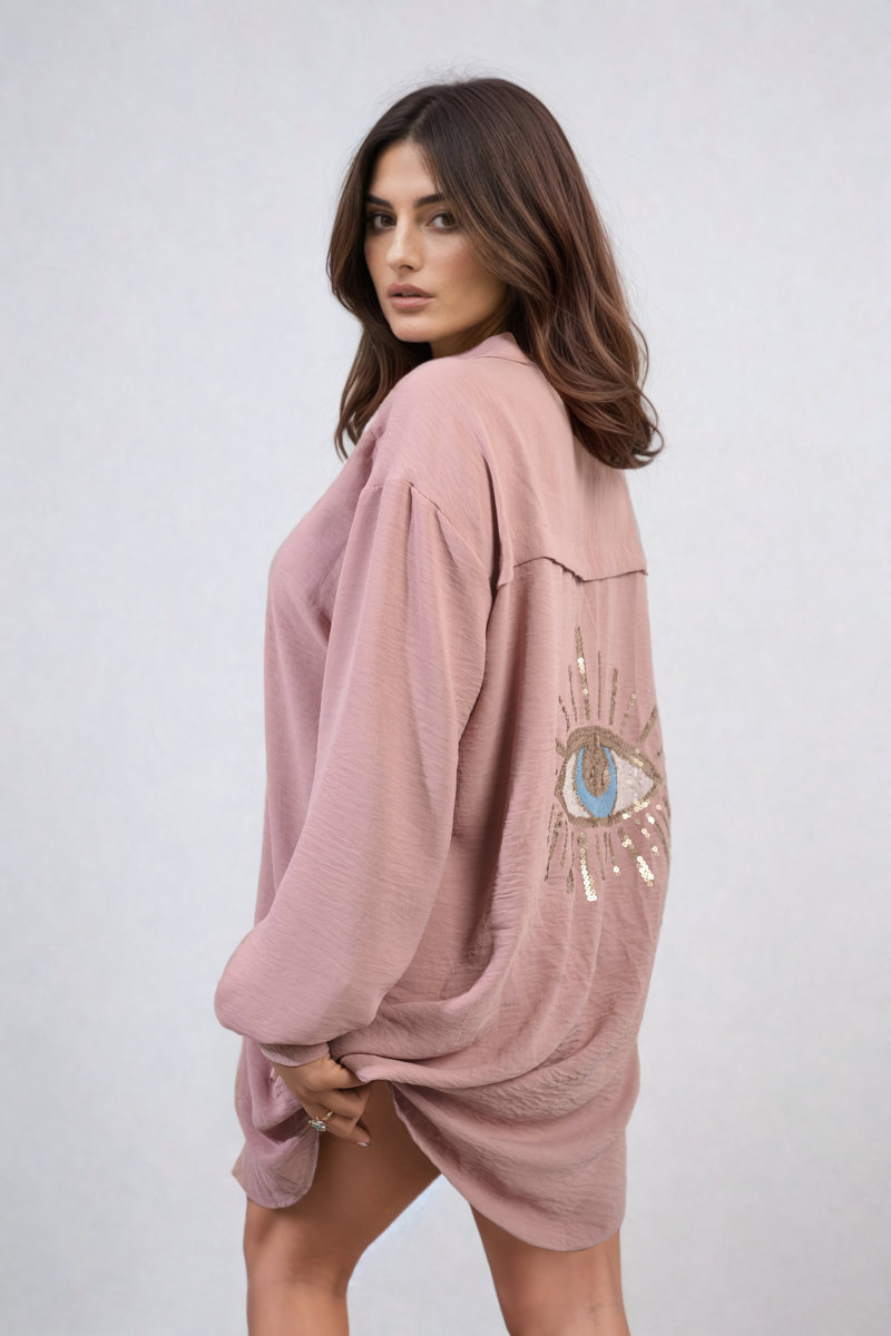 Oversized Long Sleeve Gold Sequin Eye Button Up Shirt